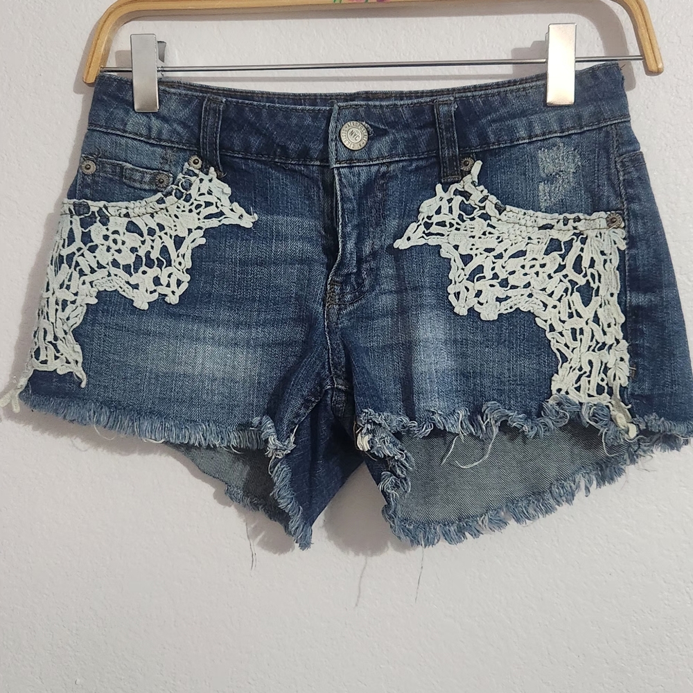 Aeropostale Blue and White Jean Shorts with Lace Accents